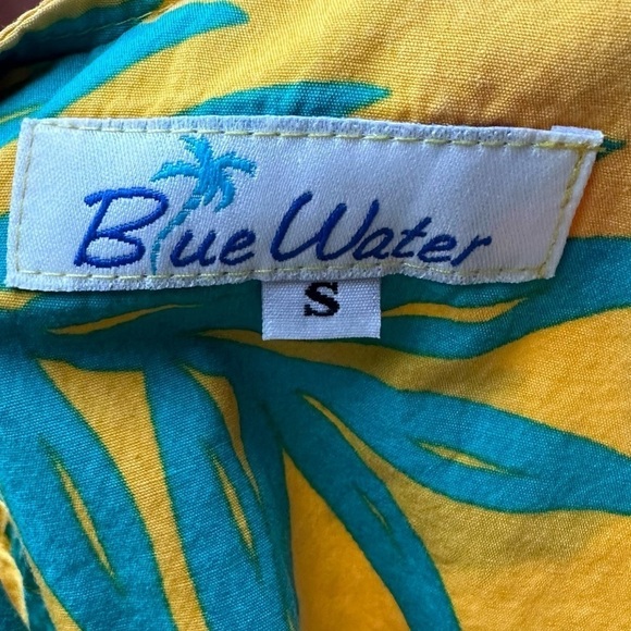 Vintage Blue Water Yellow Floral Dress Tropical Sleeveless Beach Vacation Mini S - Picture 2 of 15